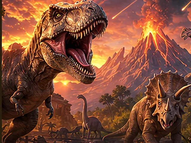 Dinosaurier in einem dramatischen vulkanischen Tal