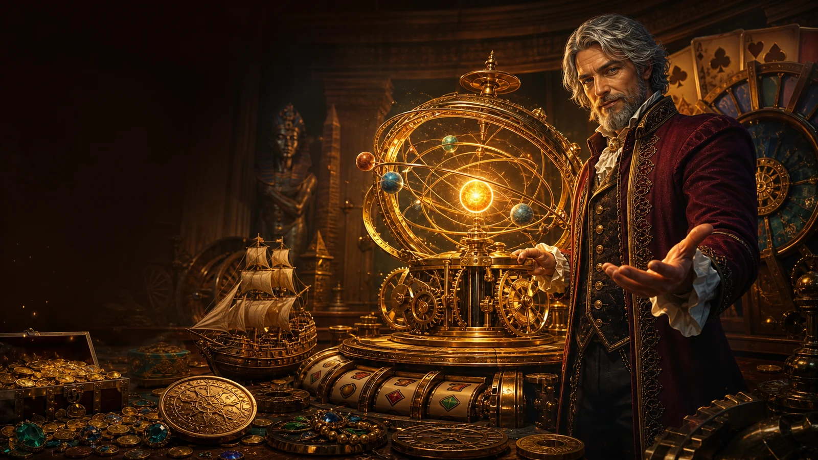 Renaissance-Erfinder neben einer goldenen Himmelsmaschine